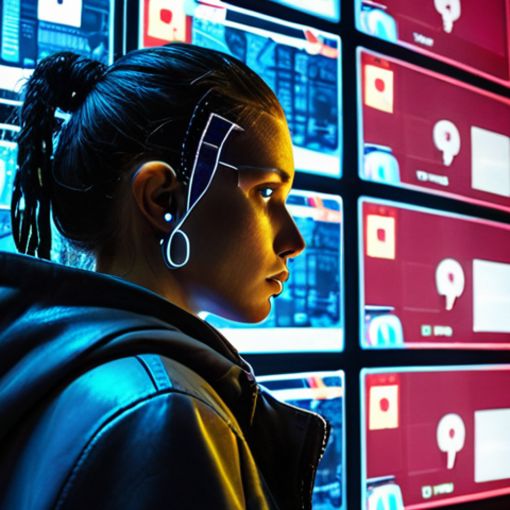 **Privacy in the Digital Age:** A concerned individual surrounded by glowing screens displaying social media feeds and data streams, using encryption tools and VPNs. The scene should evoke a sense of vulnerability and the need for digital self-protection in Madrid, Spain. Style: Cyberpunk, digital art.