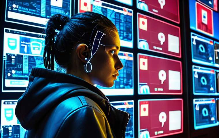 **Privacy in the Digital Age:** A concerned individual surrounded by glowing screens displaying social media feeds and data streams, using encryption tools and VPNs. The scene should evoke a sense of vulnerability and the need for digital self-protection in Madrid, Spain. Style: Cyberpunk, digital art.