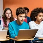 Home 19 초연결 사회에서의 사회적 책임 - A diverse group of young adults and teenagers in a modern classroom setting in Spain, attentively pa...
