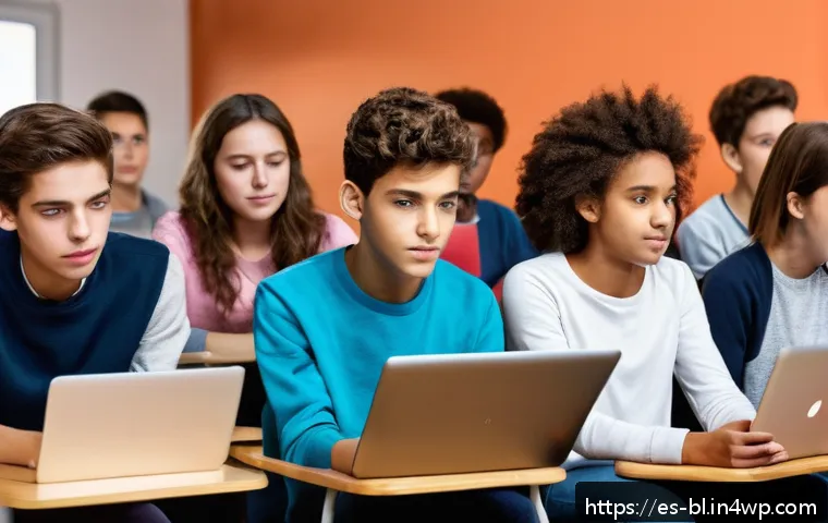 초연결 사회에서의 사회적 책임 - A diverse group of young adults and teenagers in a modern classroom setting in Spain, attentively pa...