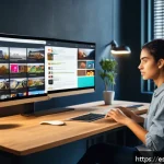 Home 18 AI의 편향성과 초연결 사회 - A modern digital workspace scene featuring a young Spanish woman in casual attire, sitting at a desk...