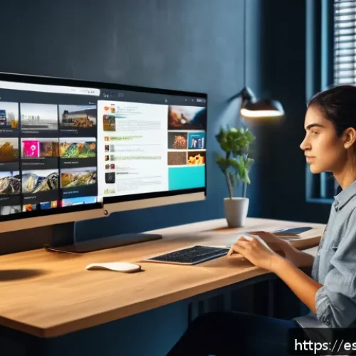 Home 30 AI의 편향성과 초연결 사회 - A modern digital workspace scene featuring a young Spanish woman in casual attire, sitting at a desk...