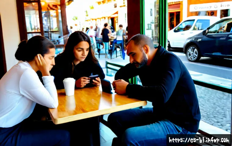 초연결 사회에서의 커뮤니케이션 윤리 - Photorealistic scene in a modern Spanish-speaking city café, diverse adult friends seated around a t...